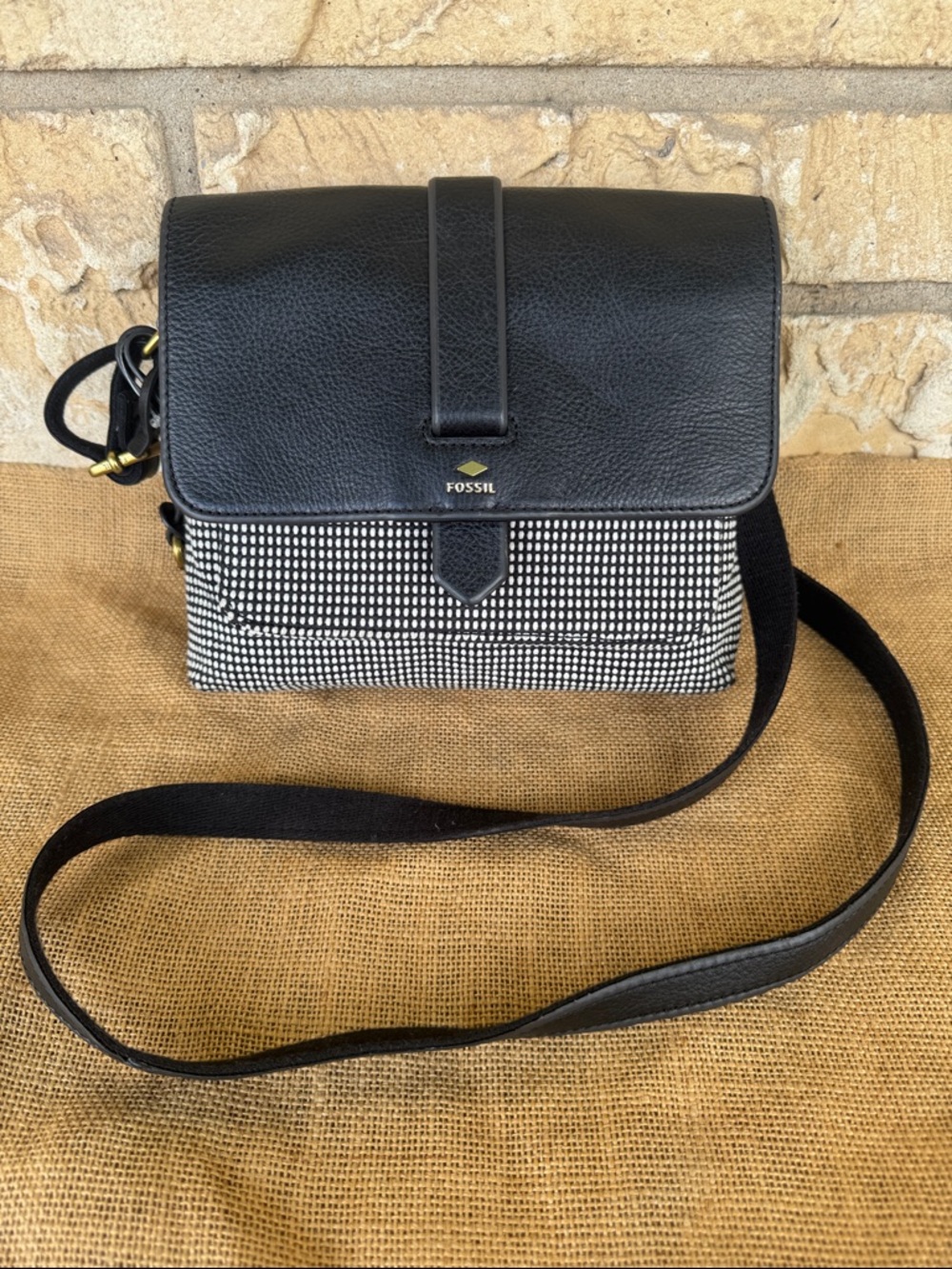 Fossil Black Leather Crossbody with Black & White Pattern NWOT